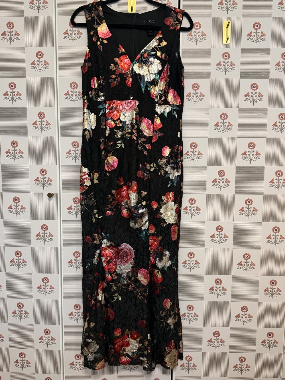 Enfocus Studio Black Floral V-Neck Dress with Red and Cream Accents